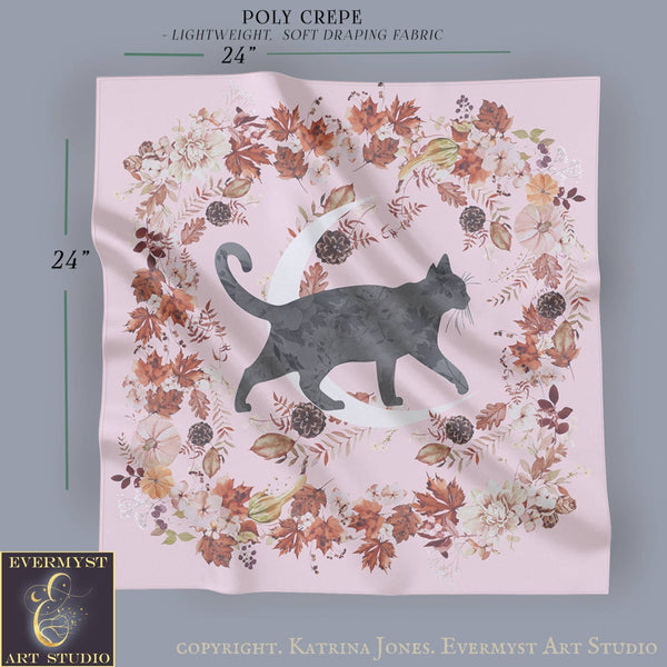 The image is a square with a floral design featuring a cat and a crescent moon. The cat is depicted in a black silhouette against a background of autumn leaves and flowers. The image is described as a "24" by "24" square, and it is a "24" by "24" square. The image is a part of a larger collection of images, and it is copyrighted by "Katrina Jones, Evermyst Art Studio".