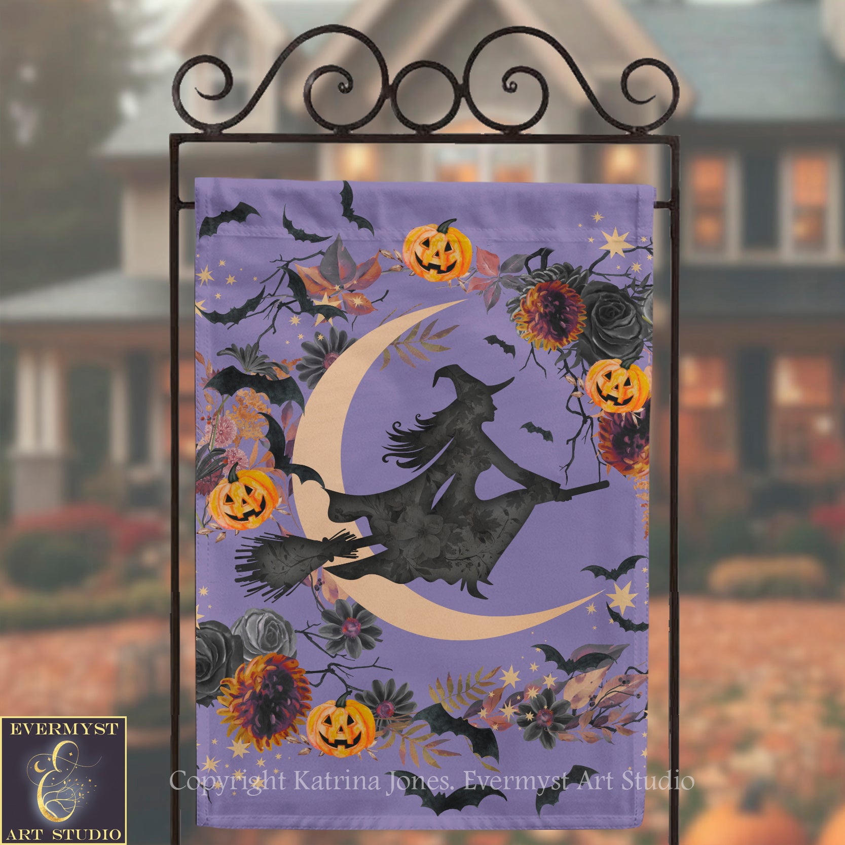 A Halloween-themed banner featuring a silhouetted witch on a broomstick flying over a crescent moon, surrounded by pumpkins, bats, and flowers.