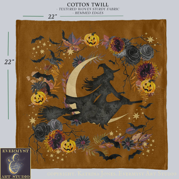 The image is a Halloween-themed fabric with a black silhouette of a witch riding a broomstick, surrounded by bats, pumpkins, and flowers.