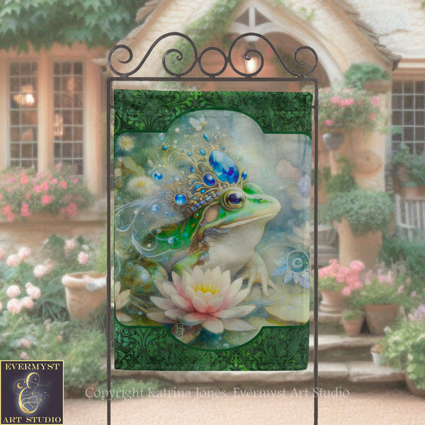 a vibrant and whimsical painting of a frog with a crown, surrounded by a lush garden with pink flowers and green foliage.