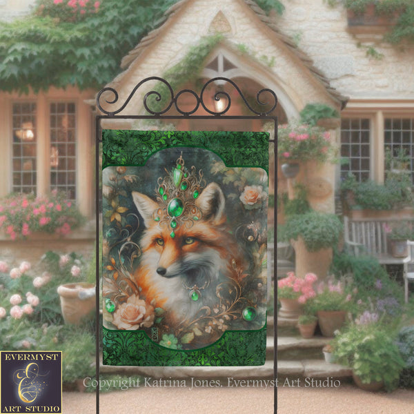 a large, ornate banner with a fox's face on it, surrounded by lush greenery and flowers, set against the backdrop of a charming stone house.