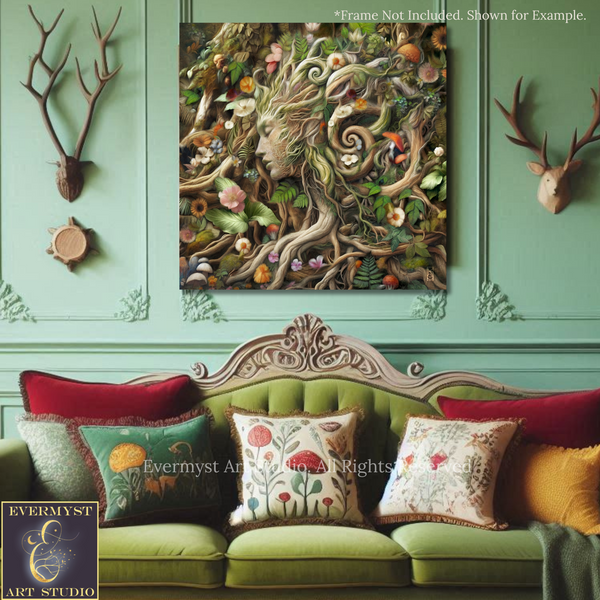 a large, intricately designed painting of a woman's face surrounded by a lush, forest-like background, hanging on a wall above a green sofa adorned with colorful throw pillows.