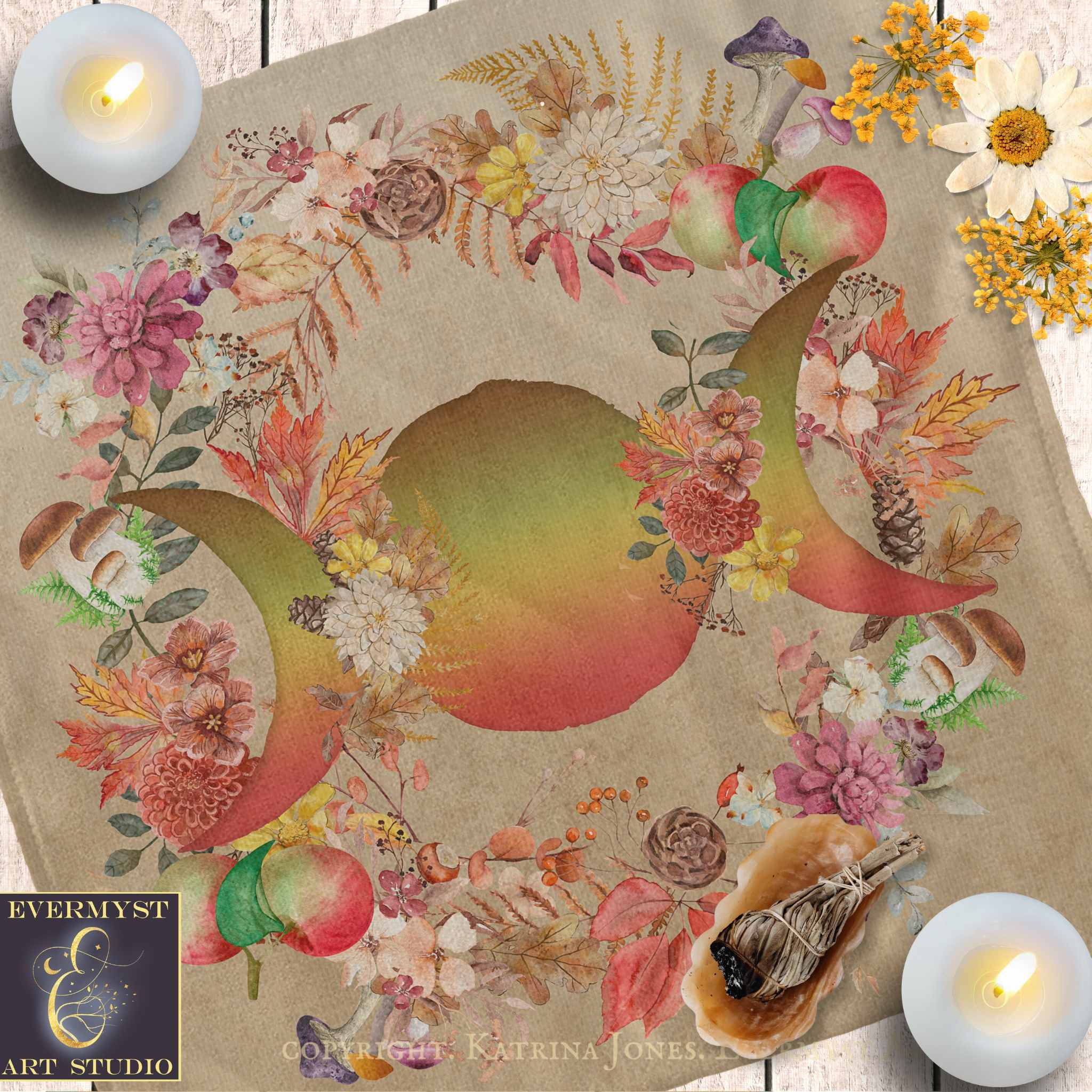 The image is a collage featuring a crescent moon surrounded by various autumn-themed elements, including flowers, leaves, and mushrooms. The moon is positioned in the center of the collage, with the surrounding elements arranged around it.