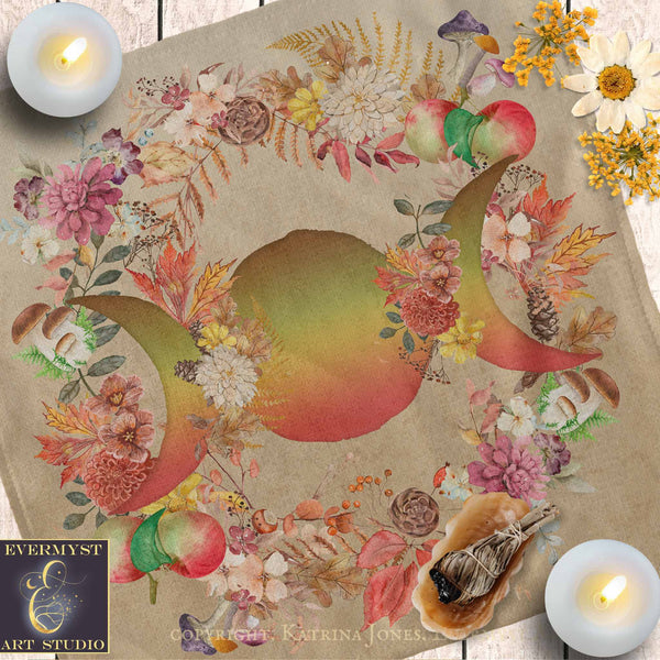 The image is a collage featuring a crescent moon surrounded by various autumn-themed elements, including flowers, leaves, and mushrooms. The moon is positioned in the center of the collage, with the surrounding elements arranged around it.