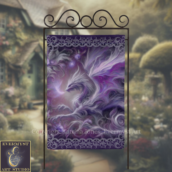 a large, purple dragon with flowing, ethereal wings, set against a backdrop of a garden with a house and trees.