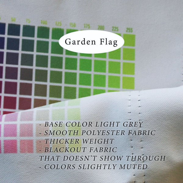 The image is a close-up of a fabric with a color chart displayed on it, along with text describing the fabric's characteristics.