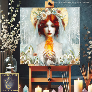 a painting of a woman with red hair and a white veil, holding a yellow flower, surrounded by flowers and a halo. The painting is displayed on an easel, and there are candles and a vase with flowers in the background.