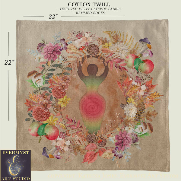 The image is a square print featuring a vibrant floral design with a central figure surrounded by various flowers and leaves. The print is described as a "Cotton Twill" with a "Textured Woven Sturdy Fabric" and "HEMMED EDGES" design. The print is 22 inches wide and 22 inches tall.