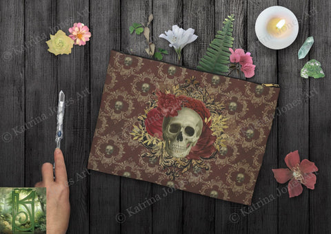 Dark Beauty Skull Roses Accessory Zippered Pouch Purse Tarot Oracle Deck Makeup Zip Cosmetic Bag