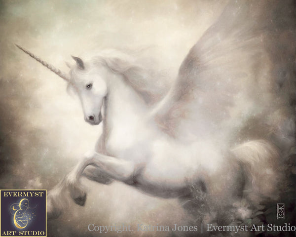 White Pegasus Painting - Elegant Fantasy Mythic Winged Unicorn Art Print Decor