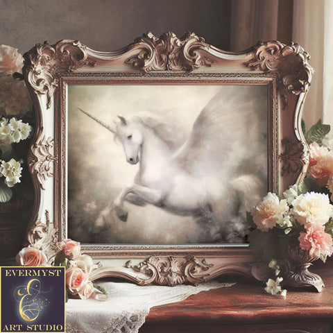 White Pegasus Painting - Elegant Fantasy Mythic Winged Unicorn Art Print Decor