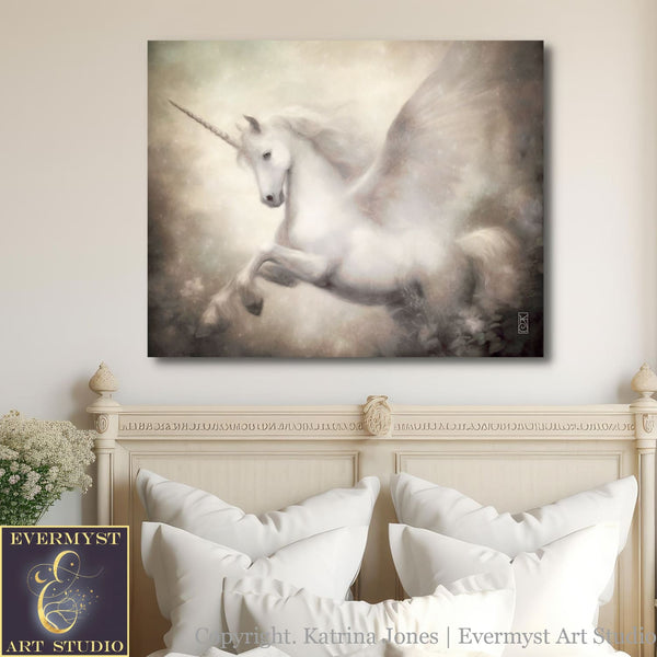 White Pegasus Painting - Elegant Fantasy Mythic Winged Unicorn Art Print Decor