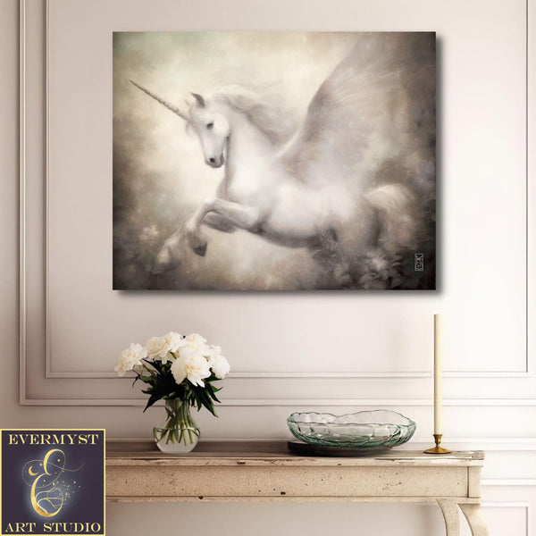 Elegant White Pegasus Painting - Mythic Unicorn Art Print Decor