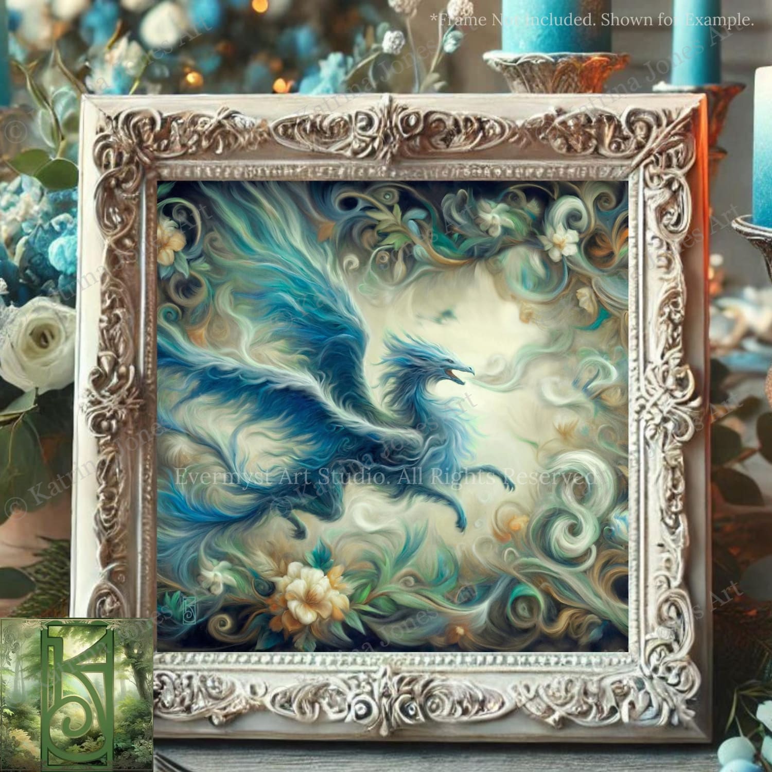a painting of a blue dragon in a frame