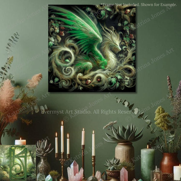 a painting of a green dragon surrounded by candles