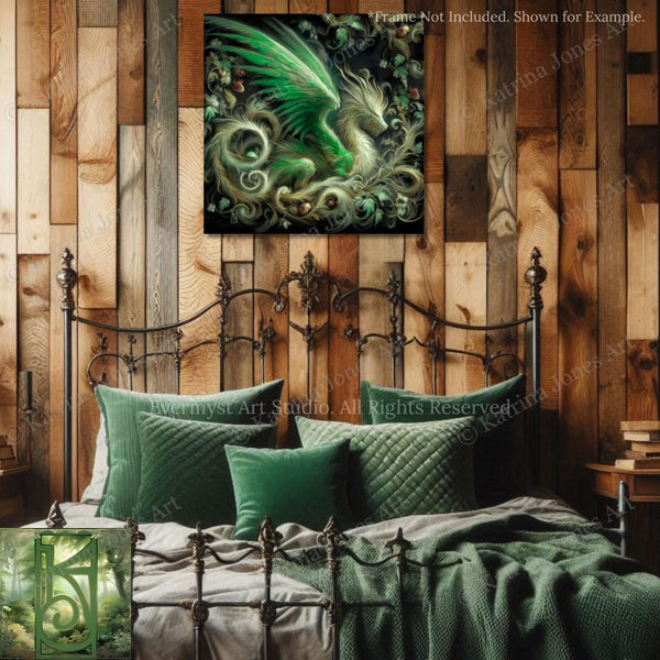 a painting of a green dragon on a wooden wall above a bed