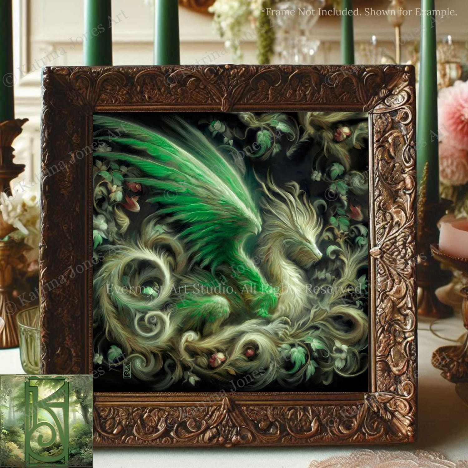a painting of a green dragon in a frame
