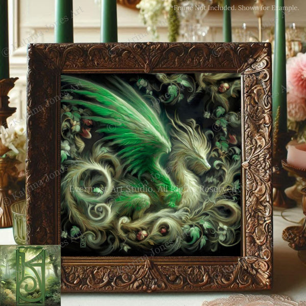 a painting of a green dragon in a frame