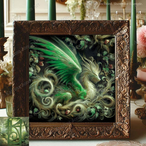 a painting of a green dragon in a frame