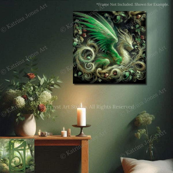 a painting of a green dragon on a green wall