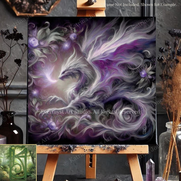 a painting on a easel next to a vase with flowers