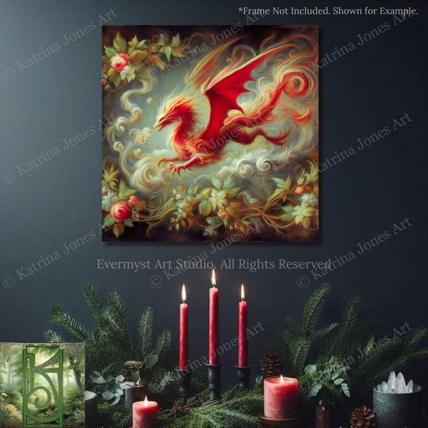 a painting of a red dragon on a black wall