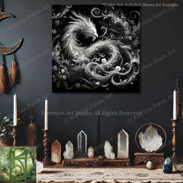 a black and white painting of a dragon on a wall