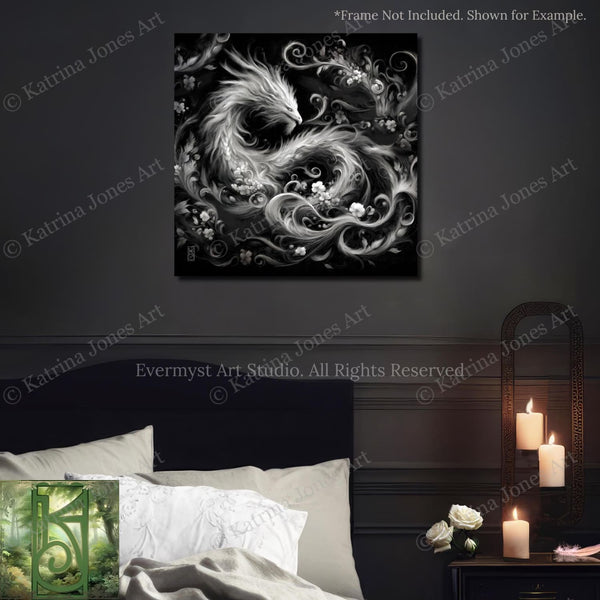 a black and white picture of a dragon on a bed