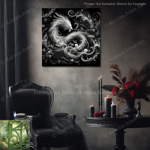 a black and white painting of a dragon on a wall