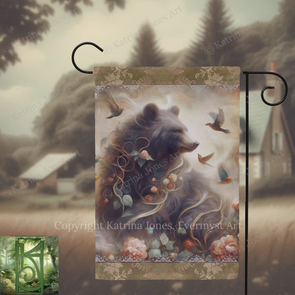 a large, detailed painting of a bear surrounded by flowers and birds, set against a blurred natural background.