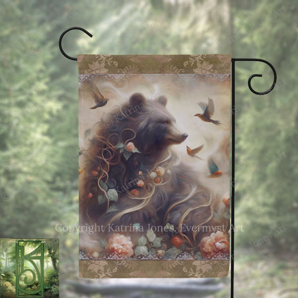 A banner featuring a large, detailed illustration of a bear surrounded by flowers and birds.