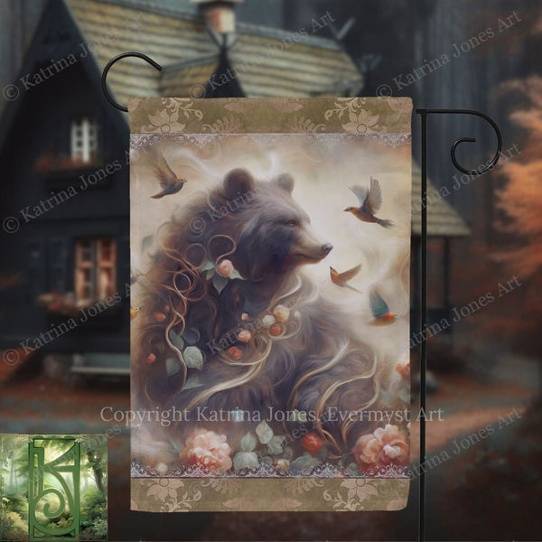 A banner featuring a large, detailed illustration of a bear surrounded by flowers and birds in a fantastical, dreamlike landscape.