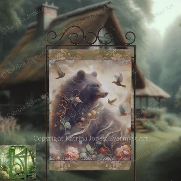 a large painting of a bear surrounded by birds and flowers, with a rustic cabin in the background.