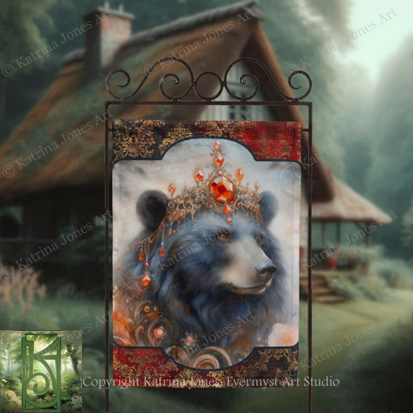 a large, detailed painting of a bear wearing a crown, with a rustic cabin in the background.