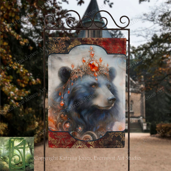 a large, detailed painting of a bear wearing a crown, with intricate designs and patterns surrounding it. The bear is the central focus of the artwork, which is displayed on a metal frame. The background of the painting includes a castle or building, adding a sense of grandeur and majesty to the scene.