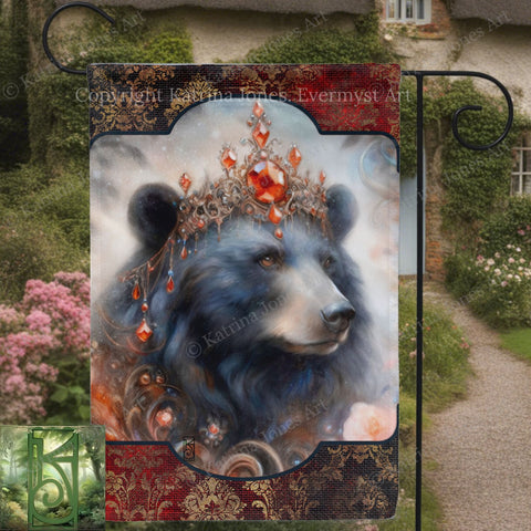 a large, detailed painting of a bear wearing a crown with a gemstone on its head, set against a backdrop of a garden with pink flowers.