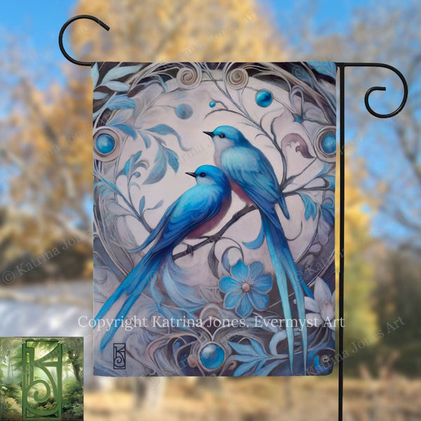 A vibrant and detailed painting of two blue birds perched on a branch, surrounded by intricate floral designs and blue accents.