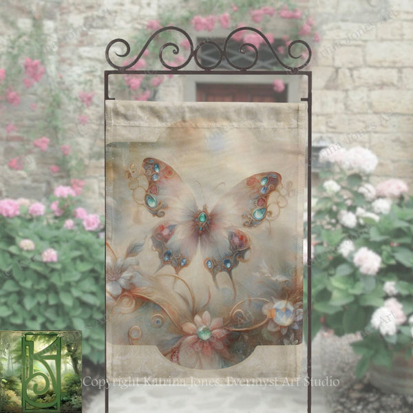 a decorative banner with a butterfly design, placed in front of a stone wall with pink flowers.