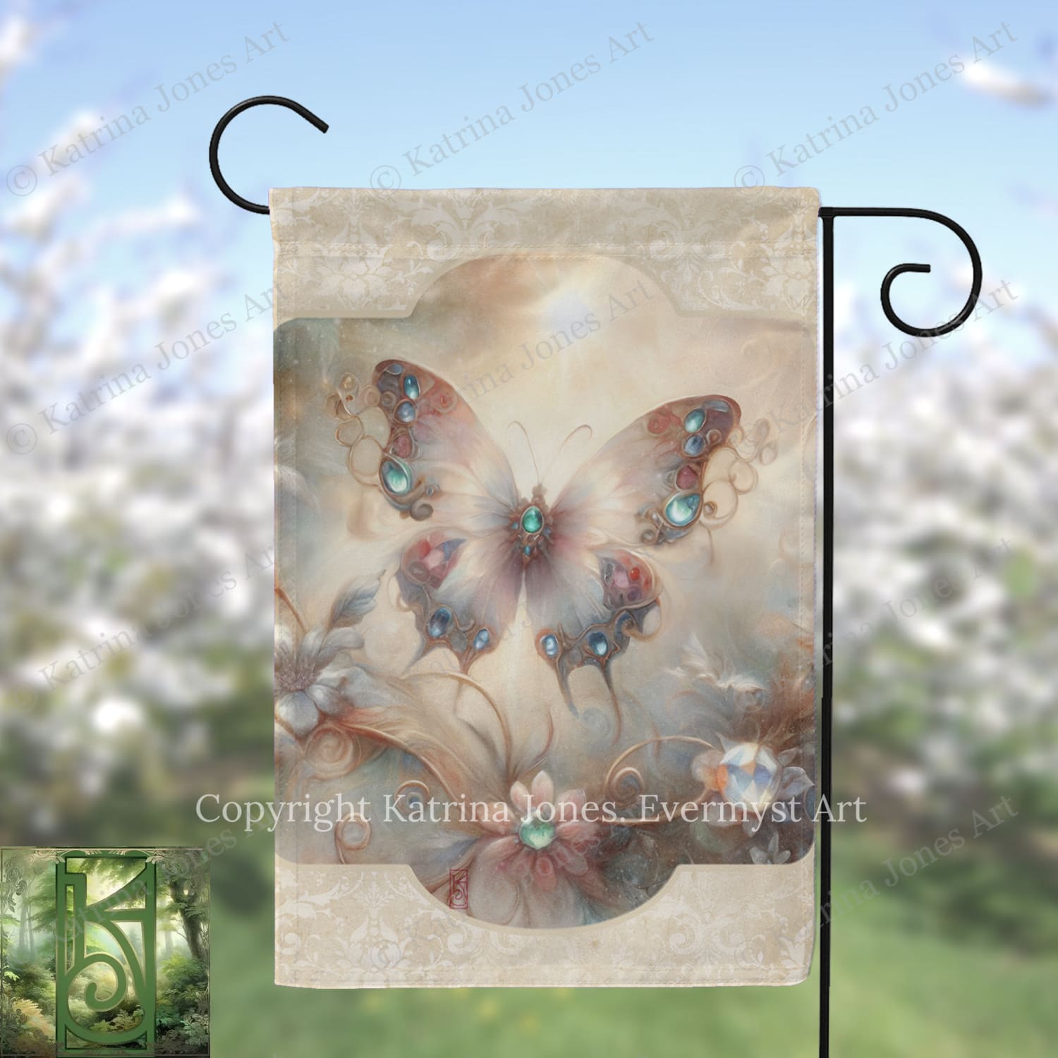 A decorative butterfly garden flag with a floral design and a butterfly with colorful jewels on its wings.