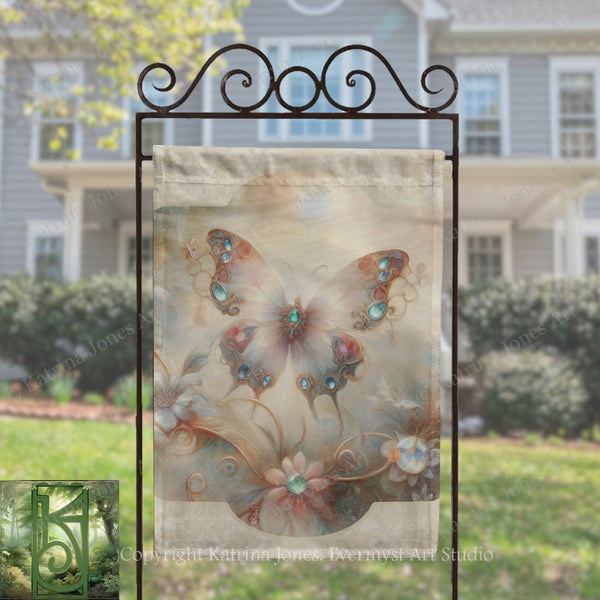 a banner with a butterfly design, displayed on a metal stand in front of a house.