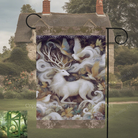 a large, detailed painting of a white unicorn with antlers, surrounded by various fantastical elements such as birds, flowers, and a castle in the background.