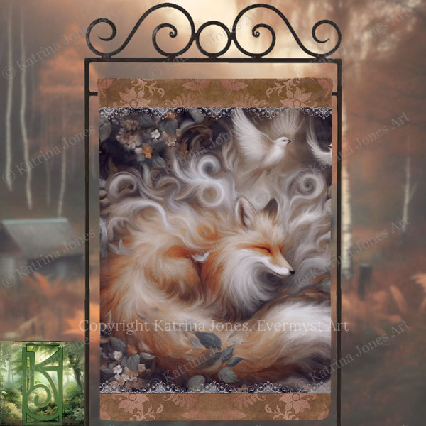 The image is a digital artwork depicting a fox with flowing white fur and a bird in flight, set against a forest background with a wrought iron frame.
