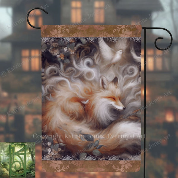 a large, detailed painting of a fox with flowing, ethereal hair, surrounded by a floral background.