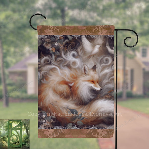 a vibrant and detailed painting of a fox, with its eyes closed and its head resting on its paws, surrounded by swirling patterns and flowers.