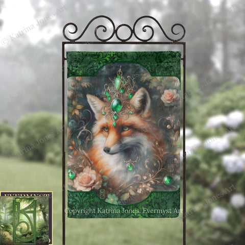 a large, ornate banner with a fox's face on it, surrounded by flowers and green foliage.