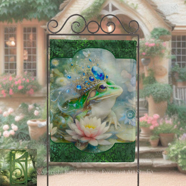 a vibrant and whimsical painting of a frog with a crown, surrounded by a lush garden with pink flowers and green foliage.