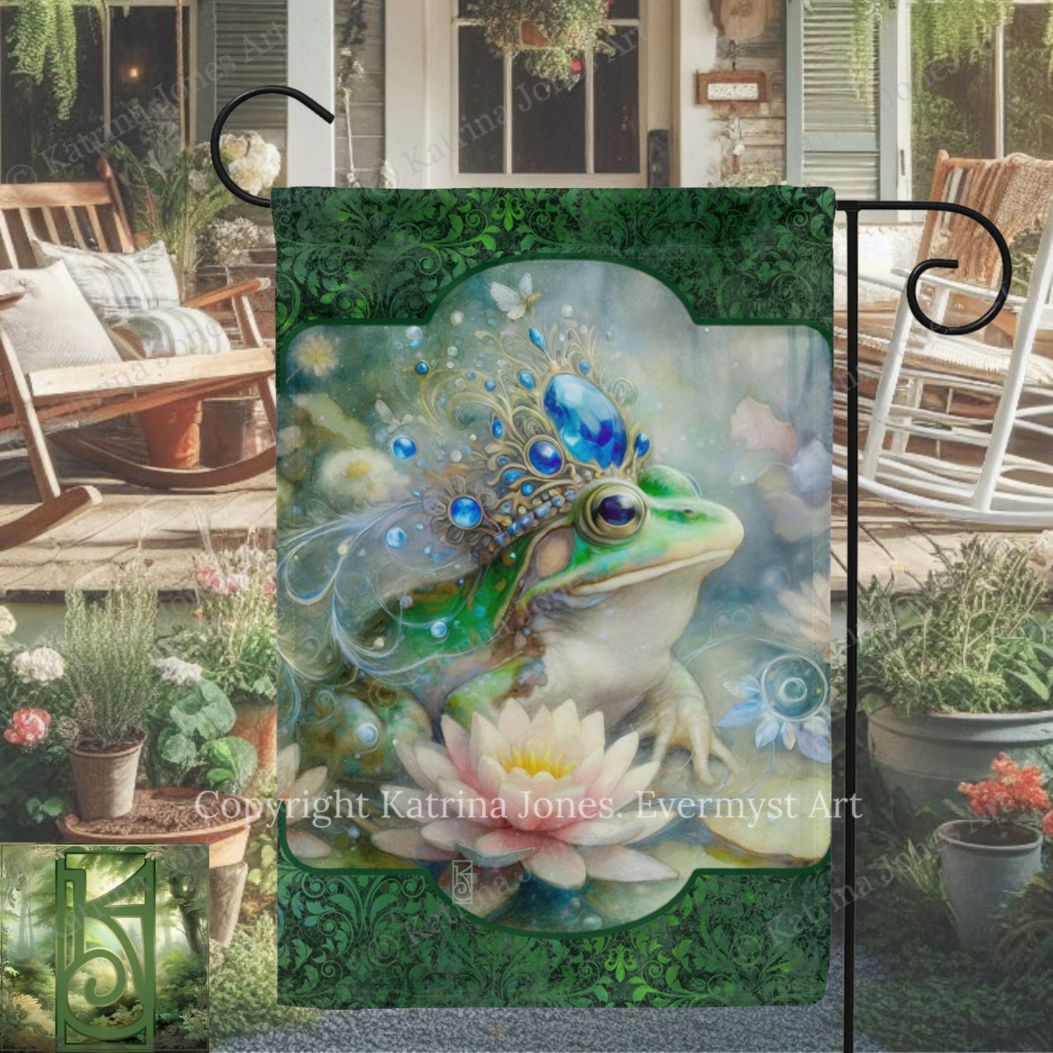 a vibrant and whimsical garden scene with a large, colorful frog as the central focus. The frog is adorned with a crown and surrounded by various plants and flowers, creating a lush and picturesque setting.