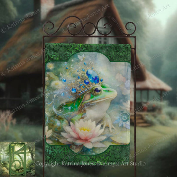 a banner with a painting of a frog wearing a crown and surrounded by flowers, set against a blurred natural background.