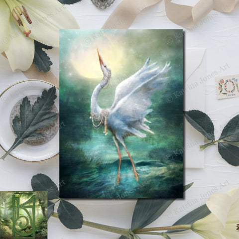 Enchanted Heron Card Fantasy Art White Bird Egret Beautiful Blank Notecard