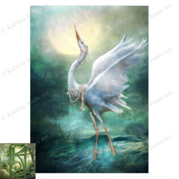 Enchanted Heron Card Fantasy Art White Bird Egret Beautiful Blank Notecard 1